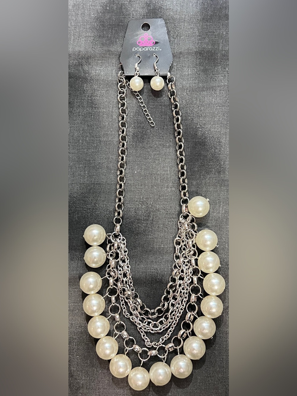 Paparazzi Silver-Tone Multichain Necklace with White Pearlescent Beads